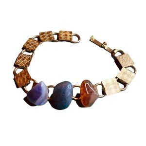 Vintage Three Stone Purple Blue Orange Goldtone Link Bracelet 7"